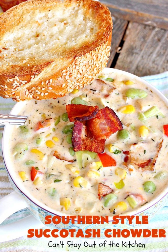 Southern Style Succotash Chowder | Can't Stay Out of the Kitchen | this amazing #soup is loaded with #corn #limabeans #bacon & other veggies. It's a terrific meal for cold winter days when you want a hot lunch or dinner. #glutenfree
