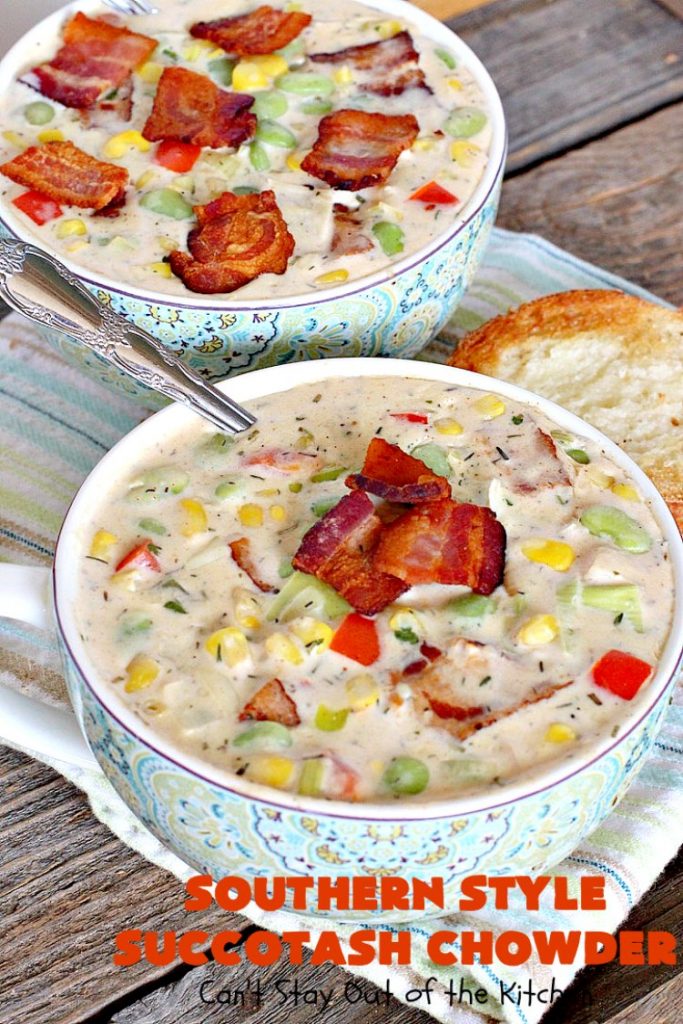 Southern Style Succotash Chowder | Can't Stay Out of the Kitchen | this amazing #soup is loaded with #corn #limabeans #bacon & other veggies. It's a terrific meal for cold winter days when you want a hot lunch or dinner. #glutenfree
