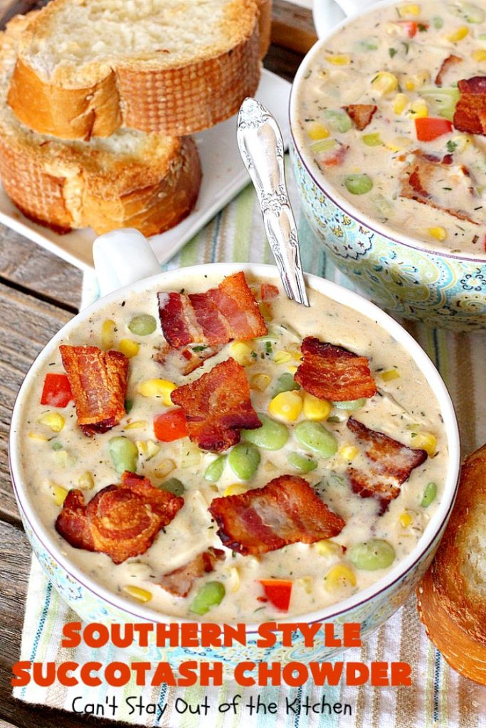 Southern Style Succotash Chowder | Can't Stay Out of the Kitchen | this amazing #soup is loaded with #corn #limabeans #bacon & other veggies. It's a terrific meal for cold winter days when you want a hot lunch or dinner. #glutenfree