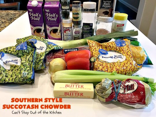 Southern Style Succotash Chowder | Can't Stay Out of the Kitchen | this amazing #soup is loaded with #corn #limabeans #bacon & other veggies. It's a terrific meal for cold winter days when you want a hot lunch or dinner. #glutenfree