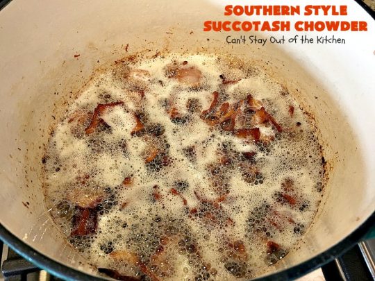 Southern Style Succotash Chowder | Can't Stay Out of the Kitchen | this amazing #soup is loaded with #corn #limabeans #bacon & other veggies. It's a terrific meal for cold winter days when you want a hot lunch or dinner. #glutenfree