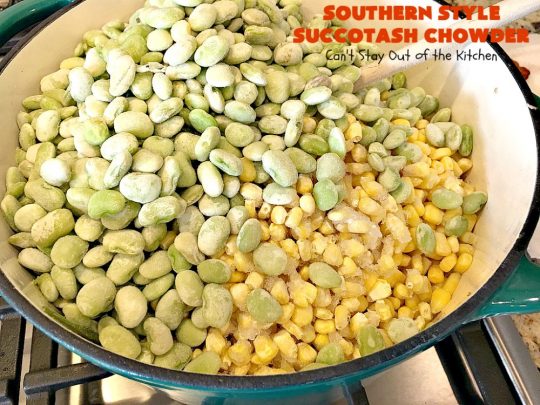 Southern Style Succotash Chowder | Can't Stay Out of the Kitchen | this amazing #soup is loaded with #corn #limabeans #bacon & other veggies. It's a terrific meal for cold winter days when you want a hot lunch or dinner. #glutenfree