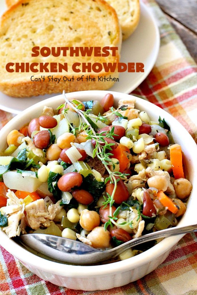 Southwest Chicken Chowder | Can't Stay Out of the Kitchen | this delicious #soup is chocked full of veggies like #corn, red #potatoes, #garbanzo & #pinto beans. The #TexMex flavors are awesome yet not so spicy that kid's can't enjoy it. It's terrific for cold winter nights. #chicken #glutenfree #dairyfree #cleaneating