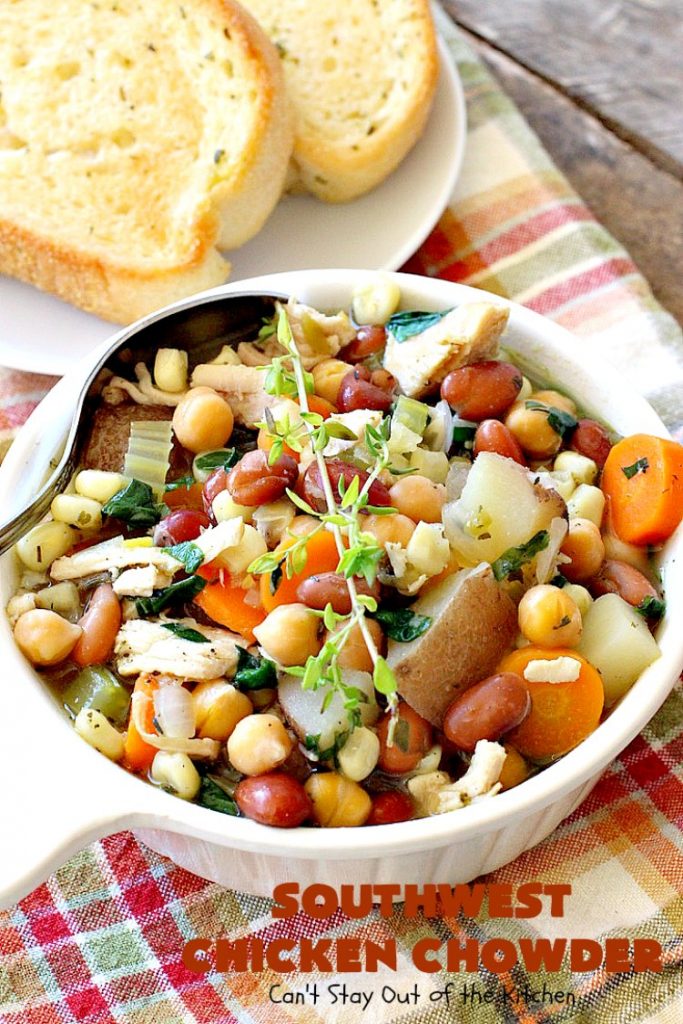 Southwest Chicken Chowder | Can't Stay Out of the Kitchen | this delicious #soup is chocked full of veggies like #corn, red #potatoes, #garbanzo & #pinto beans. The #TexMex flavors are awesome yet not so spicy that kid's can't enjoy it. It's terrific for cold winter nights. #chicken #glutenfree #dairyfree #cleaneating