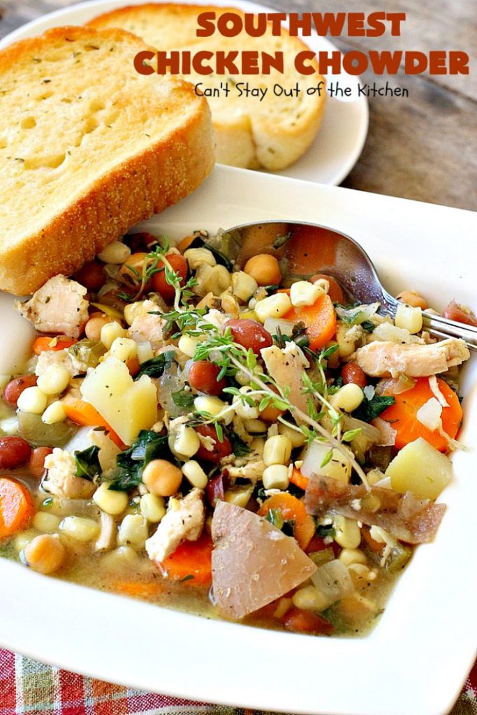Southwest Chicken Chowder | Can't Stay Out of the Kitchen | this delicious #soup is chocked full of veggies like #corn, red #potatoes, #garbanzo & #pinto beans. The #TexMex flavors are awesome yet not so spicy that kid's can't enjoy it. It's terrific for cold winter nights. #chicken #glutenfree #dairyfree #cleaneating
