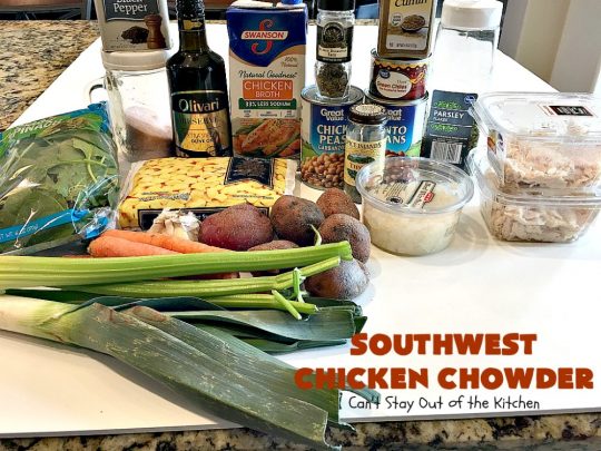 Southwest Chicken Chowder | Can't Stay Out of the Kitchen | this delicious #soup is chocked full of veggies like #corn, red #potatoes, #garbanzo & #pinto beans. The #TexMex flavors are awesome yet not so spicy that kid's can't enjoy it. It's terrific for cold winter nights. #chicken #glutenfree #dairyfree #cleaneating