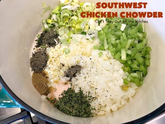 Southwest Chicken Chowder | Can't Stay Out of the Kitchen | this delicious #soup is chocked full of veggies like #corn, red #potatoes, #garbanzo & #pinto beans. The #TexMex flavors are awesome yet not so spicy that kid's can't enjoy it. It's terrific for cold winter nights. #chicken #glutenfree #dairyfree #cleaneating