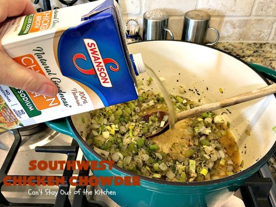 Southwest Chicken Chowder | Can't Stay Out of the Kitchen | this delicious #soup is chocked full of veggies like #corn, red #potatoes, #garbanzo & #pinto beans. The #TexMex flavors are awesome yet not so spicy that kid's can't enjoy it. It's terrific for cold winter nights. #chicken #glutenfree #dairyfree #cleaneating
