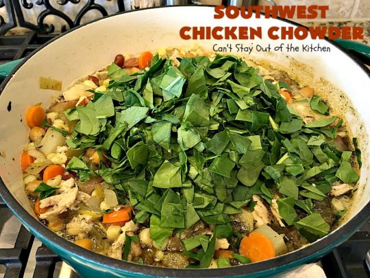 Southwest Chicken Chowder | Can't Stay Out of the Kitchen | this delicious #soup is chocked full of veggies like #corn, red #potatoes, #garbanzo & #pinto beans. The #TexMex flavors are awesome yet not so spicy that kid's can't enjoy it. It's terrific for cold winter nights. #chicken #glutenfree #dairyfree #cleaneating