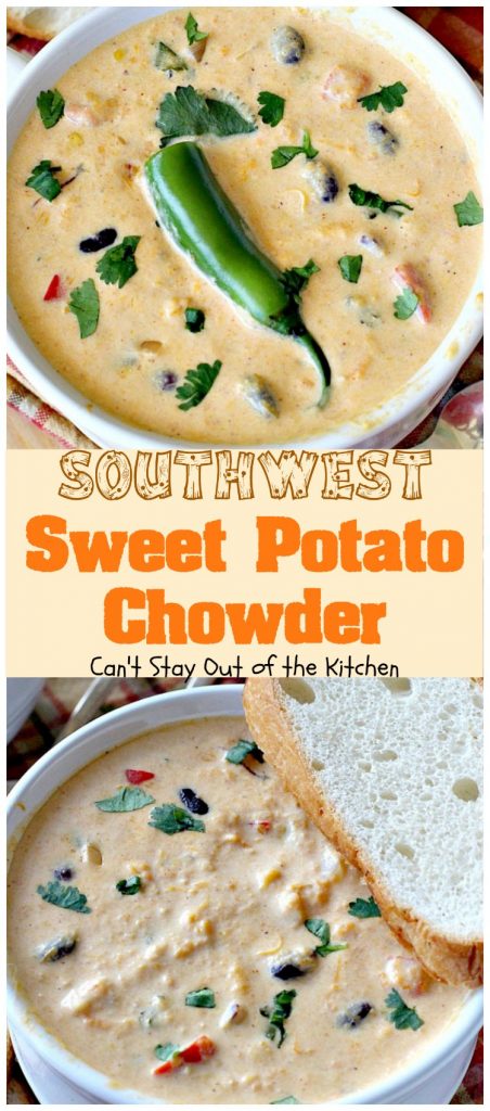 Southwest Sweet Potato Soup | Can't Stay Out of the Kitchen | creamy #soup is healthy & delicious. Filled with #sweetpotatoes #blackbeans #corn & #TexMex seasonings. Amazing comfort food.