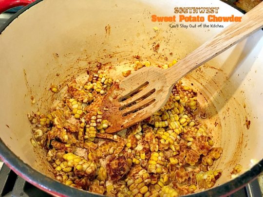 Southwest Sweet Potato Soup | Can't Stay Out of the Kitchen | creamy #soup is healthy & delicious. Filled with #sweetpotatoes #blackbeans #corn & #TexMex seasonings. Amazing comfort food.