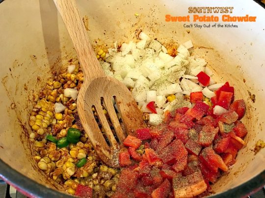 Southwest Sweet Potato Soup | Can't Stay Out of the Kitchen | creamy #soup is healthy & delicious. Filled with #sweetpotatoes #blackbeans #corn & #TexMex seasonings. Amazing comfort food.