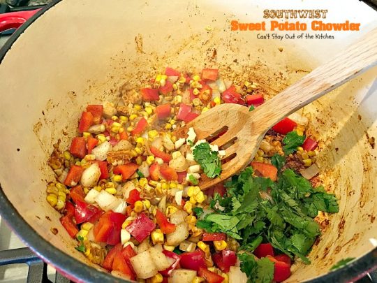 Southwest Sweet Potato Soup | Can't Stay Out of the Kitchen | creamy #soup is healthy & delicious. Filled with #sweetpotatoes #blackbeans #corn & #TexMex seasonings. Amazing comfort food.