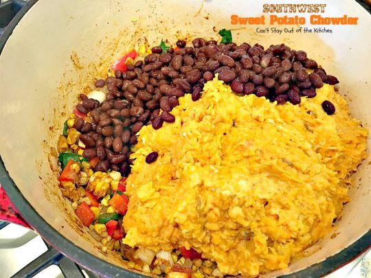 Southwest Sweet Potato Soup | Can't Stay Out of the Kitchen | creamy #soup is healthy & delicious. Filled with #sweetpotatoes #blackbeans #corn & #TexMex seasonings. Amazing comfort food.