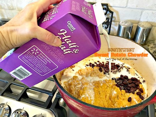 Southwest Sweet Potato Soup | Can't Stay Out of the Kitchen | creamy #soup is healthy & delicious. Filled with #sweetpotatoes #blackbeans #corn & #TexMex seasonings. Amazing comfort food.
