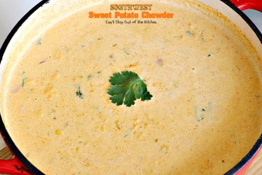 Southwest Sweet Potato Soup | Can't Stay Out of the Kitchen | creamy #soup is healthy & delicious. Filled with #sweetpotatoes #blackbeans #corn & #TexMex seasonings. Amazing comfort food.