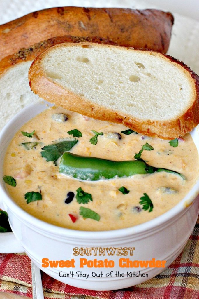 Southwest Sweet Potato Soup | Can't Stay Out of the Kitchen | creamy #soup is healthy & delicious. Filled with #sweetpotatoes #blackbeans #corn & #TexMex seasonings. Amazing comfort food.