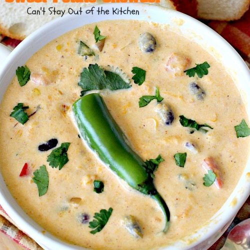 Southwest Sweet Potato Soup | Can't Stay Out of the Kitchen | creamy #soup is healthy & delicious. Filled with #sweetpotatoes #blackbeans #corn & #TexMex seasonings. Amazing comfort food.