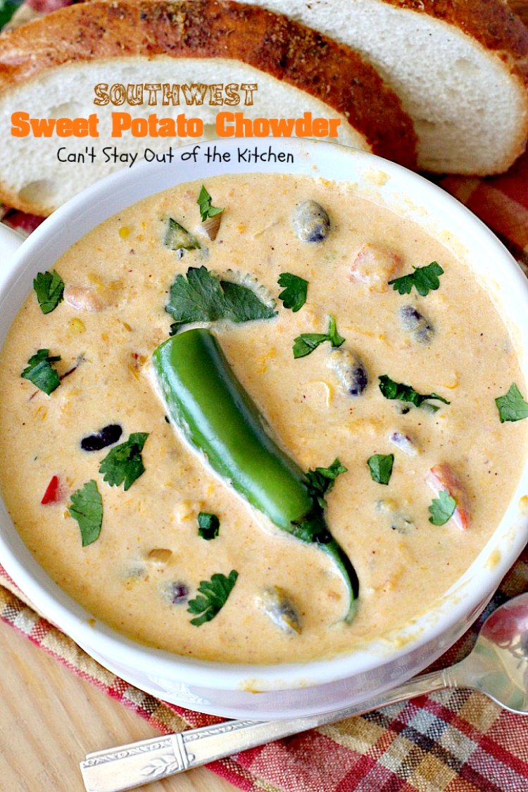 Southwest Sweet Potato Soup | Can't Stay Out of the Kitchen | creamy #soup is healthy & delicious. Filled with #sweetpotatoes #blackbeans #corn & #TexMex seasonings. Amazing comfort food.