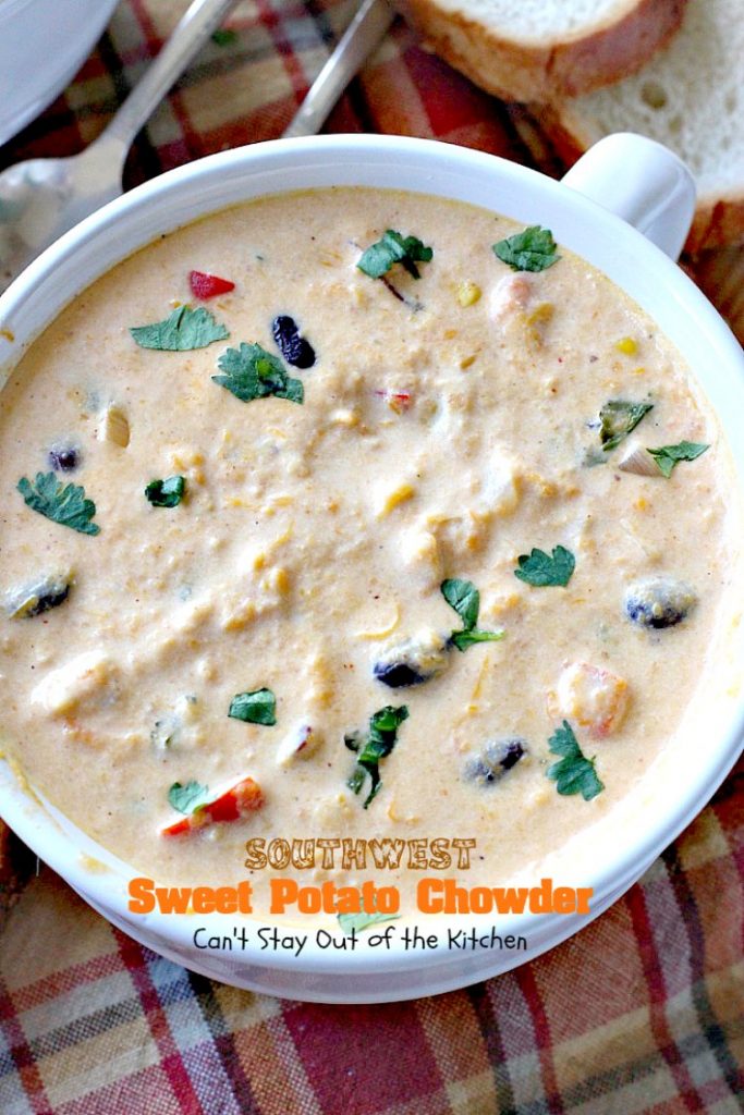 Southwest Sweet Potato Soup | Can't Stay Out of the Kitchen | creamy #soup is healthy & delicious. Filled with #sweetpotatoes #blackbeans #corn & #TexMex seasonings. Amazing comfort food.
