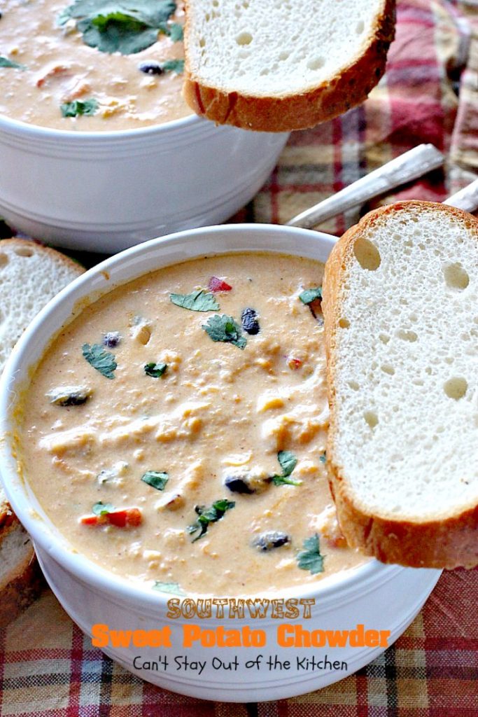 Southwest Sweet Potato Soup | Can't Stay Out of the Kitchen | creamy #soup is healthy & delicious. Filled with #sweetpotatoes #blackbeans #corn & #TexMex seasonings. Amazing comfort food.
