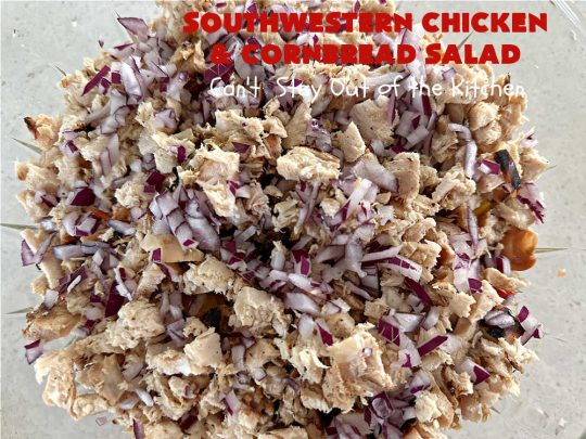 Southwestern Chicken and Cornbread Salad | Can't Stay Out of the Kitchen | this fantastic #TexMex #salad includes #chicken, #cornbread, #beans, #corn, #tomatoes & #olives & #SpicyRanchDressing. It's a great salad to serve as a #MainDish during the hot days of summer. This scrumptious #recipe is delightful for company gatherings & potlucks. #HiddenValley #SouthwesternChickenAndCornbreadSalad