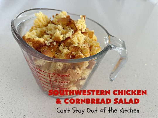 Southwestern Chicken and Cornbread Salad | Can't Stay Out of the Kitchen | this fantastic #TexMex #salad includes #chicken, #cornbread, #beans, #corn, #tomatoes & #olives & #SpicyRanchDressing. It's a great salad to serve as a #MainDish during the hot days of summer. This scrumptious #recipe is delightful for company gatherings & potlucks. #HiddenValley #SouthwesternChickenAndCornbreadSalad