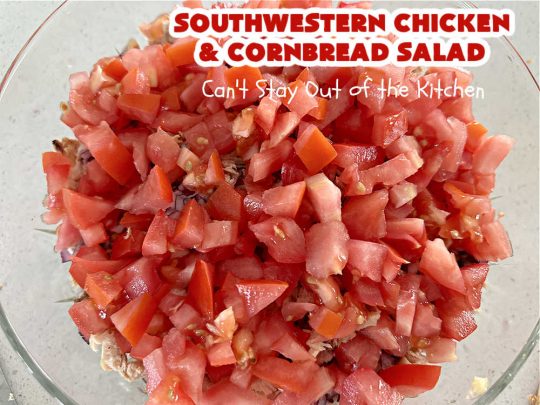 Southwestern Chicken and Cornbread Salad | Can't Stay Out of the Kitchen | this fantastic #TexMex #salad includes #chicken, #cornbread, #beans, #corn, #tomatoes & #olives & #SpicyRanchDressing. It's a great salad to serve as a #MainDish during the hot days of summer. This scrumptious #recipe is delightful for company gatherings & potlucks. #HiddenValley #SouthwesternChickenAndCornbreadSalad