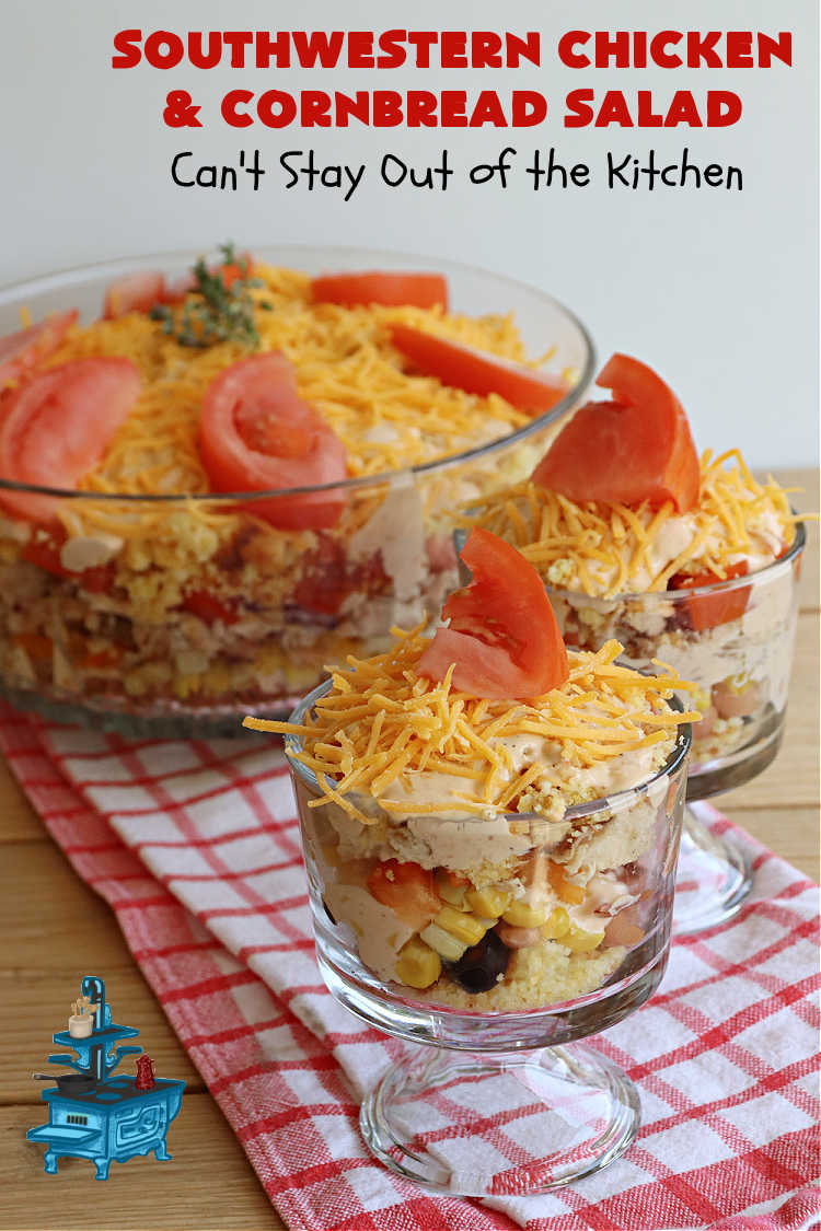 Southwestern Chicken and Cornbread Salad | Can't Stay Out of the Kitchen | this fantastic #TexMex #salad includes #chicken, #cornbread, #beans, #corn, #tomatoes & #olives & #SpicyRanchDressing. It's a great salad to serve as a #MainDish during the hot days of summer. This scrumptious #recipe is delightful for company gatherings & potlucks. #HiddenValley #SouthwesternChickenAndCornbreadSalad