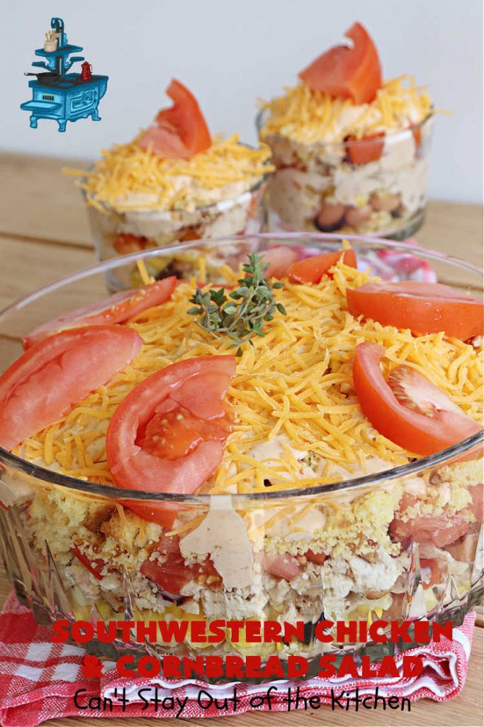 Southwestern Chicken and Cornbread Salad | Can't Stay Out of the Kitchen | this fantastic #TexMex #salad includes #chicken, #cornbread, #beans, #corn, #tomatoes & #olives & #SpicyRanchDressing. It's a great salad to serve as a #MainDish during the hot days of summer. This scrumptious #recipe is delightful for company gatherings & potlucks. #HiddenValley #SouthwesternChickenAndCornbreadSalad