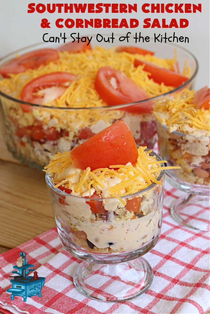 Southwestern Chicken and Cornbread Salad | Can't Stay Out of the Kitchen | this fantastic #TexMex #salad includes #chicken, #cornbread, #beans, #corn, #tomatoes & #olives & #SpicyRanchDressing. It's a great salad to serve as a #MainDish during the hot days of summer. This scrumptious #recipe is delightful for company gatherings & potlucks. #HiddenValley #SouthwesternChickenAndCornbreadSalad