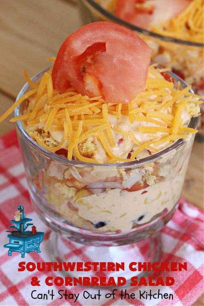 Southwestern Chicken and Cornbread Salad | Can't Stay Out of the Kitchen | this fantastic #TexMex #salad includes #chicken, #cornbread, #beans, #corn, #tomatoes & #olives & #SpicyRanchDressing. It's a great salad to serve as a #MainDish during the hot days of summer. This scrumptious #recipe is delightful for company gatherings & potlucks. #HiddenValley #SouthwesternChickenAndCornbreadSalad