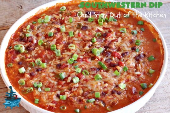 Southwestern Dip | Can't Stay Out of the Kitchen | this fantastic #TexMex #appetizer is quick & easy to make up. It's terrific to serve for #tailgating or office parties, potlucks or summer #holiday fun like #CincoDeMayo, #FourthOfJuly or #LaborDay. Serve with #Fritos or #TortillaChips. Every bite will knock your socks off! #GlutenFree #MontereyJackCheese #ChiliWithBeans #GreenChilies #TexMexDip #SouthwesternDip #TexMexAppetizer