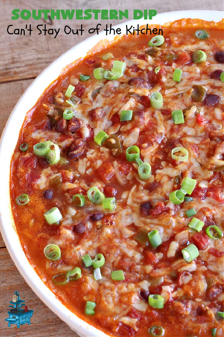 Southwestern Dip | Can't Stay Out of the Kitchen | this fantastic #TexMex #appetizer is quick & easy to make up. It's terrific to serve for #tailgating or office parties, potlucks or summer #holiday fun like #CincoDeMayo, #FourthOfJuly or #LaborDay. Serve with #Fritos or #TortillaChips. Every bite will knock your socks off! #GlutenFree #MontereyJackCheese #ChiliWithBeans #GreenChilies #TexMexDip #SouthwesternDip #TexMexAppetizer