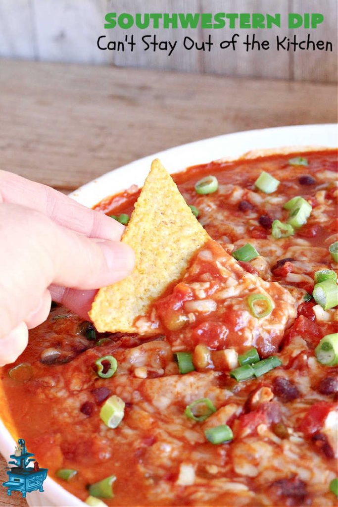 Southwestern Dip | Can't Stay Out of the Kitchen | this fantastic #TexMex #appetizer is quick & easy to make up. It's terrific to serve for #tailgating or office parties, potlucks or summer #holiday fun like #CincoDeMayo, #FourthOfJuly or #LaborDay. Serve with #Fritos or #TortillaChips. Every bite will knock your socks off! #GlutenFree #MontereyJackCheese #ChiliWithBeans #GreenChilies #TexMexDip #SouthwesternDip #TexMexAppetizer