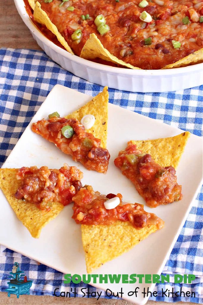 Southwestern Dip | Can't Stay Out of the Kitchen | this fantastic #TexMex #appetizer is quick & easy to make up. It's terrific to serve for #tailgating or office parties, potlucks or summer #holiday fun like #CincoDeMayo, #FourthOfJuly or #LaborDay. Serve with #Fritos or #TortillaChips. Every bite will knock your socks off! #GlutenFree #MontereyJackCheese #ChiliWithBeans #GreenChilies #TexMexDip #SouthwesternDip #TexMexAppetizer