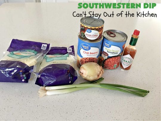 Southwestern Dip | Can't Stay Out of the Kitchen | this fantastic #TexMex #appetizer is quick & easy to make up. It's terrific to serve for #tailgating or office parties, potlucks or summer #holiday fun like #CincoDeMayo, #FourthOfJuly or #LaborDay. Serve with #Fritos or #TortillaChips. Every bite will knock your socks off! #GlutenFree #MontereyJackCheese #ChiliWithBeans #GreenChilies #TexMexDip #SouthwesternDip #TexMexAppetizer