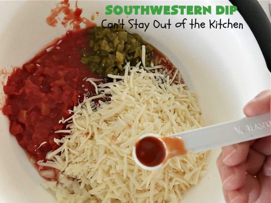 Southwestern Dip | Can't Stay Out of the Kitchen | this fantastic #TexMex #appetizer is quick & easy to make up. It's terrific to serve for #tailgating or office parties, potlucks or summer #holiday fun like #CincoDeMayo, #FourthOfJuly or #LaborDay. Serve with #Fritos or #TortillaChips. Every bite will knock your socks off! #GlutenFree #MontereyJackCheese #ChiliWithBeans #GreenChilies #TexMexDip #SouthwesternDip #TexMexAppetizer
