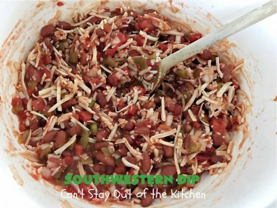 Southwestern Dip | Can't Stay Out of the Kitchen | this fantastic #TexMex #appetizer is quick & easy to make up. It's terrific to serve for #tailgating or office parties, potlucks or summer #holiday fun like #CincoDeMayo, #FourthOfJuly or #LaborDay. Serve with #Fritos or #TortillaChips. Every bite will knock your socks off! #GlutenFree #MontereyJackCheese #ChiliWithBeans #GreenChilies #TexMexDip #SouthwesternDip #TexMexAppetizer