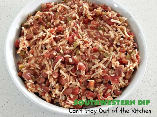 Southwestern Dip | Can't Stay Out of the Kitchen | this fantastic #TexMex #appetizer is quick & easy to make up. It's terrific to serve for #tailgating or office parties, potlucks or summer #holiday fun like #CincoDeMayo, #FourthOfJuly or #LaborDay. Serve with #Fritos or #TortillaChips. Every bite will knock your socks off! #GlutenFree #MontereyJackCheese #ChiliWithBeans #GreenChilies #TexMexDip #SouthwesternDip #TexMexAppetizer