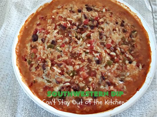 Southwestern Dip | Can't Stay Out of the Kitchen | this fantastic #TexMex #appetizer is quick & easy to make up. It's terrific to serve for #tailgating or office parties, potlucks or summer #holiday fun like #CincoDeMayo, #FourthOfJuly or #LaborDay. Serve with #Fritos or #TortillaChips. Every bite will knock your socks off! #GlutenFree #MontereyJackCheese #ChiliWithBeans #GreenChilies #TexMexDip #SouthwesternDip #TexMexAppetizer