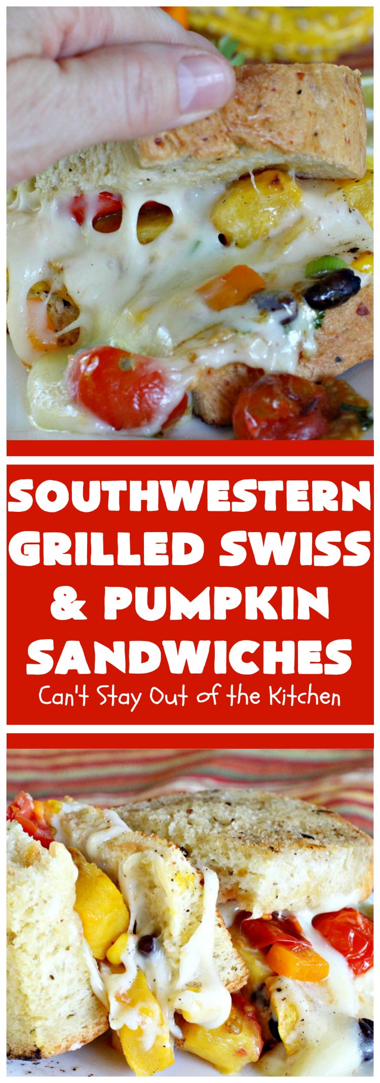 Southwestern Grilled Swiss and Pumpkin Sandwiches | Can't Stay Out of the Kitchen | I loved these fantastic #sandwiches. They have delicious #TexMex flavors with the addition of #SwissCheese & roasted #pumpkin. Every bite will have you drooling. If you can't locate pumpkin, substitute #ButternutSquash with equally great results. #GrilledCheese #SouthwesternGrilledCheeseAndPumpkinSandwiches  #BlackBeans #Corn