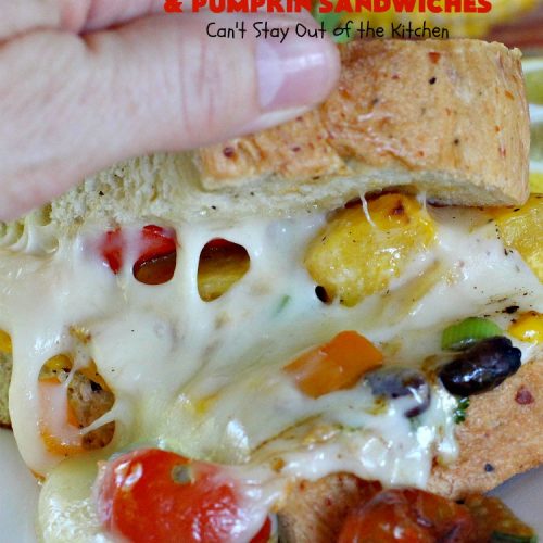 Southwestern Grilled Swiss and Pumpkin Sandwiches | Can't Stay Out of the Kitchen | I loved these fantastic #sandwiches. They have delicious #TexMex flavors with the addition of #SwissCheese & roasted #pumpkin. Every bite will have you drooling. If you can't locate pumpkin, substitute #ButternutSquash with equally great results. #GrilledCheese #SouthwesternGrilledCheeseAndPumpkinSandwiches #BlackBeans #Corn