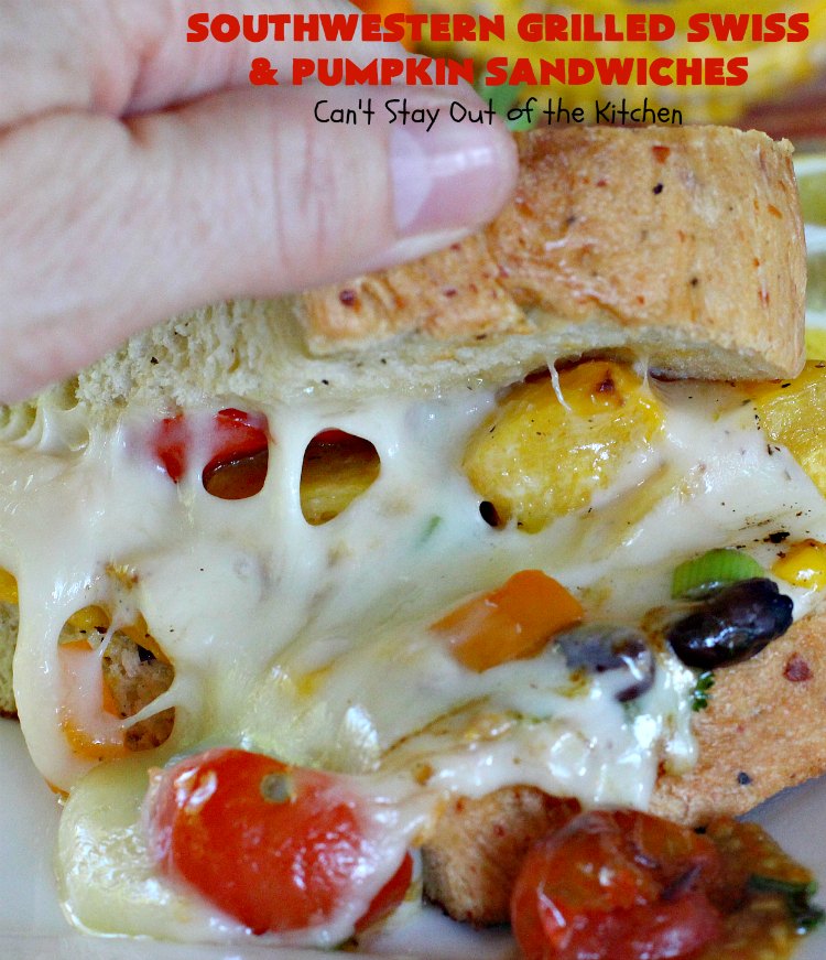 Southwestern Grilled Swiss and Pumpkin Sandwiches | Can't Stay Out of the Kitchen | I loved these fantastic #sandwiches. They have delicious #TexMex flavors with the addition of #SwissCheese & roasted #pumpkin. Every bite will have you drooling. If you can't locate pumpkin, substitute #ButternutSquash with equally great results. #GrilledCheese #SouthwesternGrilledCheeseAndPumpkinSandwiches #BlackBeans #Corn