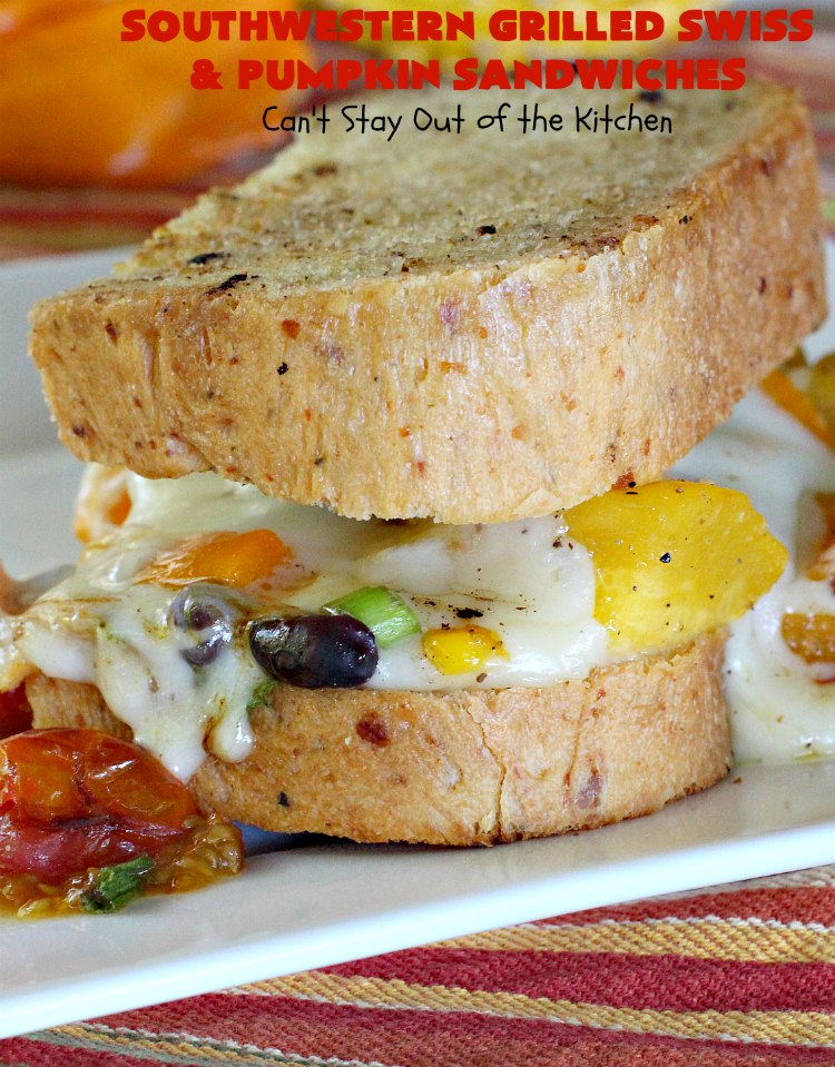 Southwestern Grilled Swiss and Pumpkin Sandwiches | Can't Stay Out of the Kitchen | I loved these fantastic #sandwiches. They have delicious #TexMex flavors with the addition of #SwissCheese & roasted #pumpkin. Every bite will have you drooling. If you can't locate pumpkin, substitute #ButternutSquash with equally great results. #GrilledCheese #SouthwesternGrilledCheeseAndPumpkinSandwiches #BlackBeans #Corn