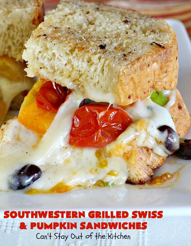 Southwestern Grilled Swiss and Pumpkin Sandwiches | Can't Stay Out of the Kitchen | I loved these fantastic #sandwiches. They have delicious #TexMex flavors with the addition of #SwissCheese & roasted #pumpkin. Every bite will have you drooling. If you can't locate pumpkin, substitute #ButternutSquash with equally great results. #GrilledCheese #SouthwesternGrilledCheeseAndPumpkinSandwiches #BlackBeans #Corn
