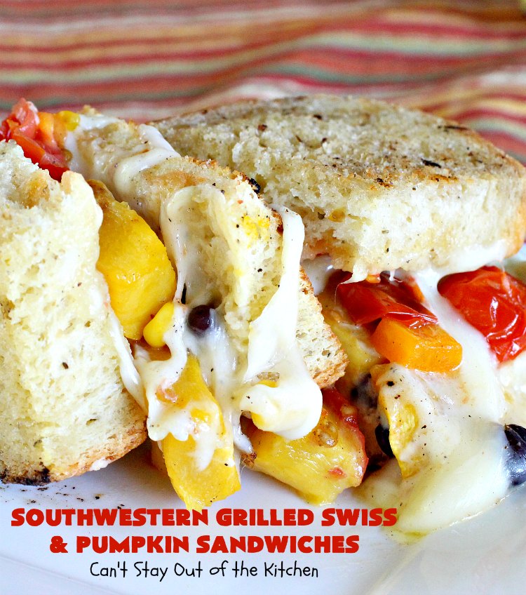 Southwestern Grilled Swiss and Pumpkin Sandwiches | Can't Stay Out of the Kitchen | I loved these fantastic #sandwiches. They have delicious #TexMex flavors with the addition of #SwissCheese & roasted #pumpkin. Every bite will have you drooling. If you can't locate pumpkin, substitute #ButternutSquash with equally great results. #GrilledCheese #SouthwesternGrilledCheeseAndPumpkinSandwiches #BlackBeans #Corn