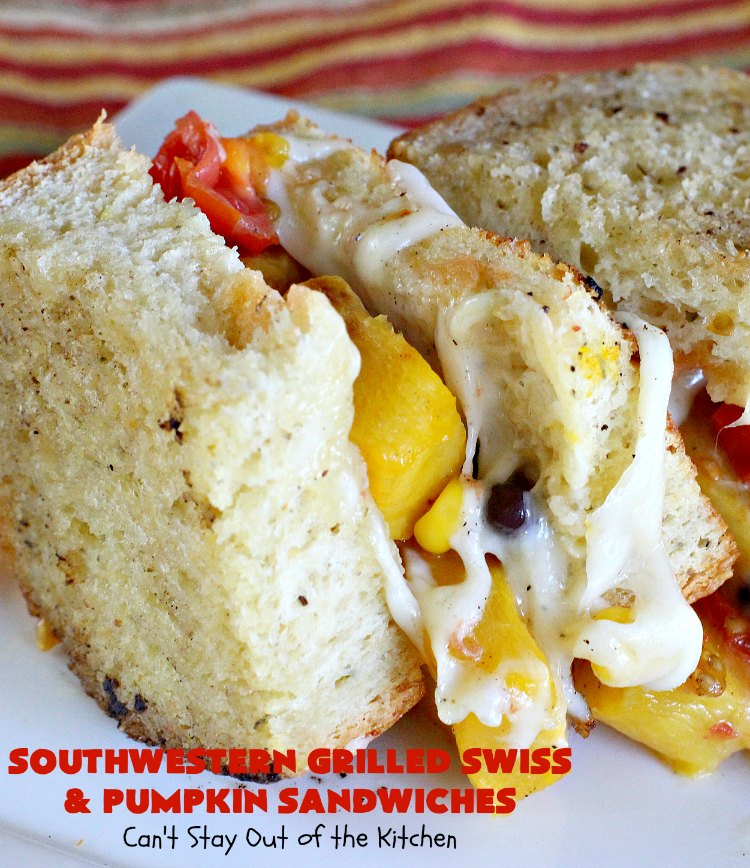 Southwestern Grilled Swiss and Pumpkin Sandwiches | Can't Stay Out of the Kitchen | I loved these fantastic #sandwiches. They have delicious #TexMex flavors with the addition of #SwissCheese & roasted #pumpkin. Every bite will have you drooling. If you can't locate pumpkin, substitute #ButternutSquash with equally great results. #GrilledCheese #SouthwesternGrilledCheeseAndPumpkinSandwiches #BlackBeans #Corn