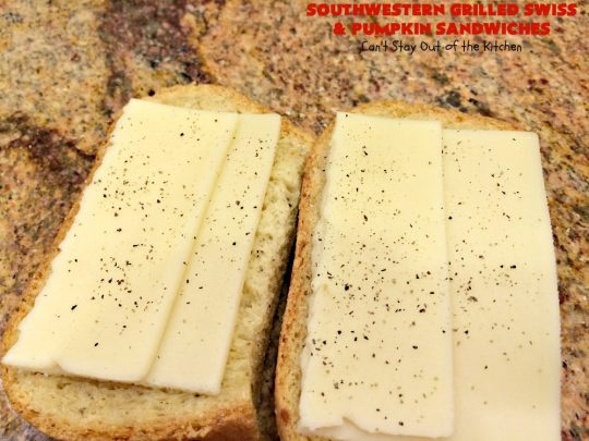 Southwestern Grilled Swiss and Pumpkin Sandwiches | Can't Stay Out of the Kitchen | I loved these fantastic #sandwiches. They have delicious #TexMex flavors with the addition of #SwissCheese & roasted #pumpkin. Every bite will have you drooling. If you can't locate pumpkin, substitute #ButternutSquash with equally great results. #GrilledCheese #SouthwesternGrilledCheeseAndPumpkinSandwiches #BlackBeans #Corn