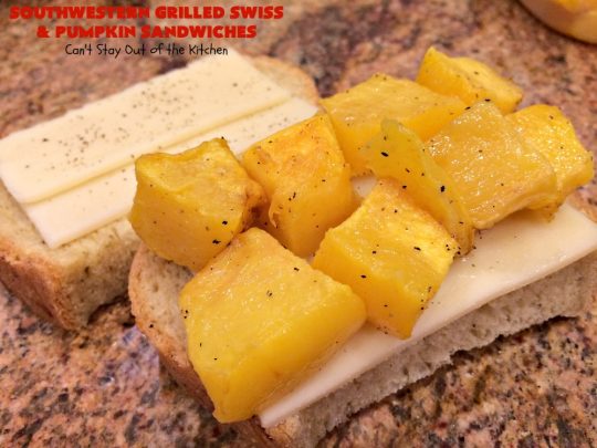 Southwestern Grilled Swiss and Pumpkin Sandwiches | Can't Stay Out of the Kitchen | I loved these fantastic #sandwiches. They have delicious #TexMex flavors with the addition of #SwissCheese & roasted #pumpkin. Every bite will have you drooling. If you can't locate pumpkin, substitute #ButternutSquash with equally great results. #GrilledCheese #SouthwesternGrilledCheeseAndPumpkinSandwiches #BlackBeans #Corn